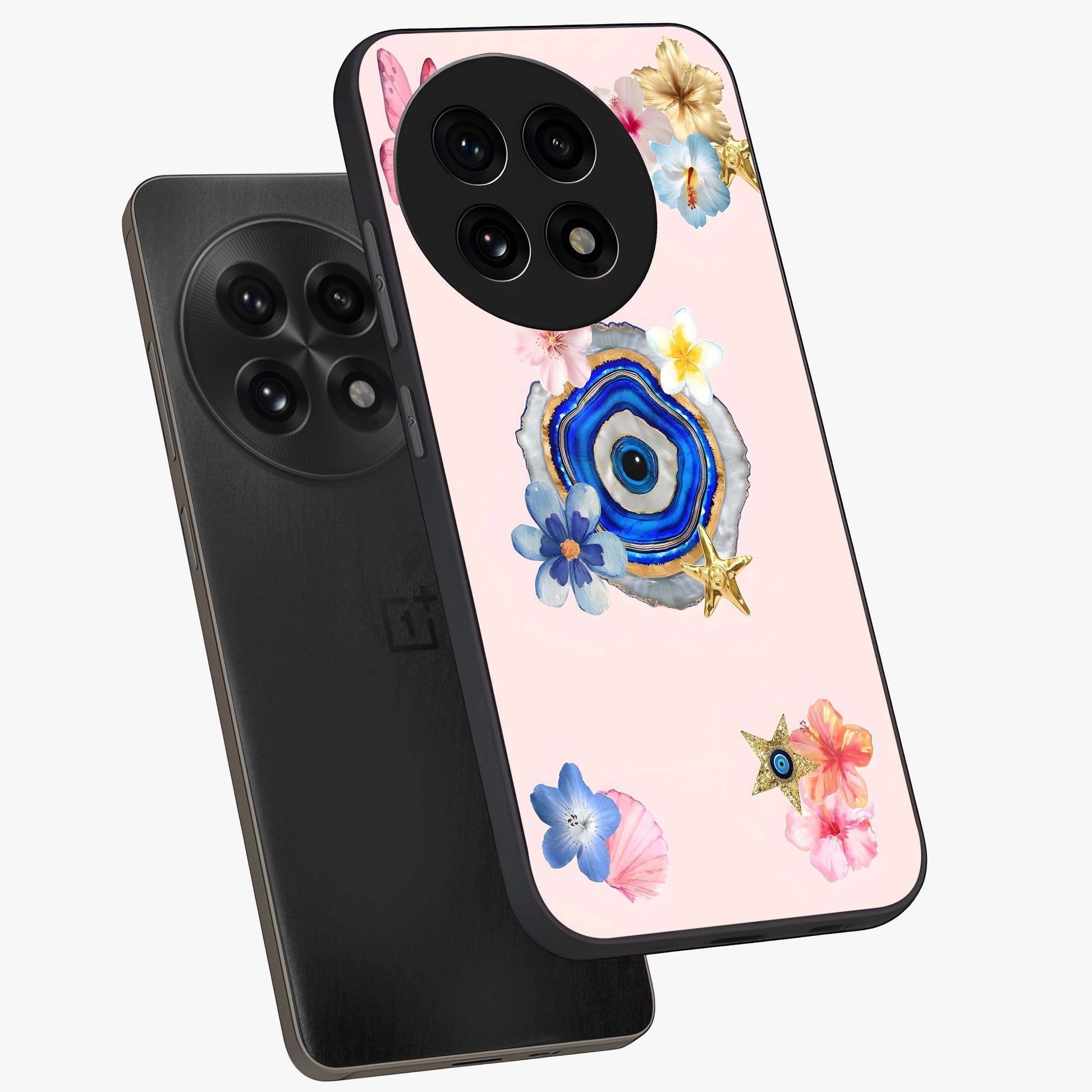Blossom Evil Charm Glass Case for 1+13R angled mockup showcasing glossy finish and protective charm design