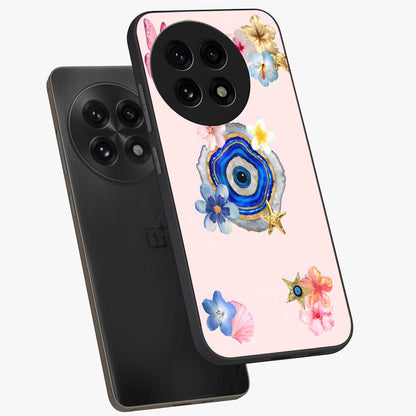 Blossom Evil Charm Glass Case for 1+13R angled mockup showcasing glossy finish and protective charm design