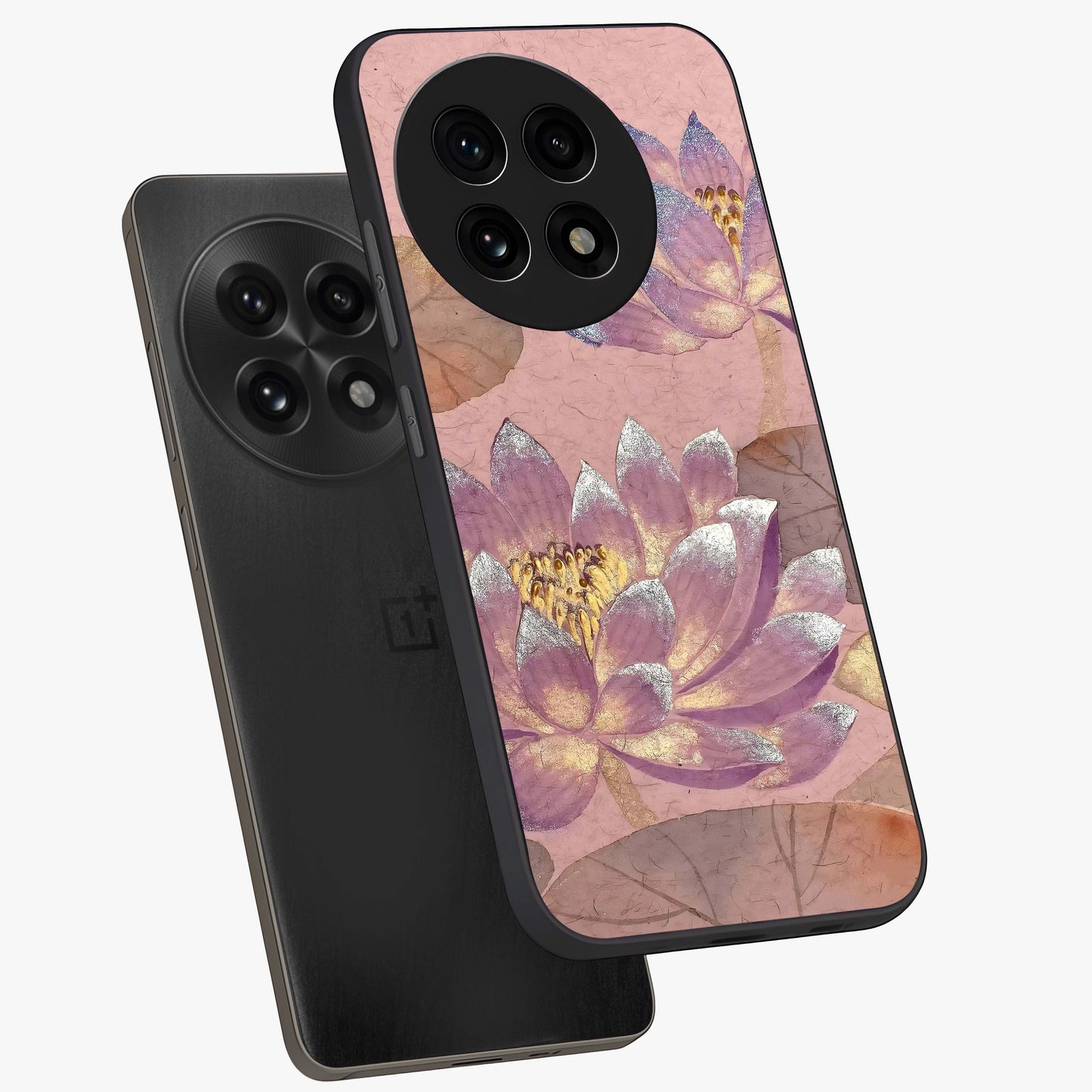 Blossom Mist Lotus Glass Case for 1+13R angled mockup showcasing glossy finish and peaceful floral detailing