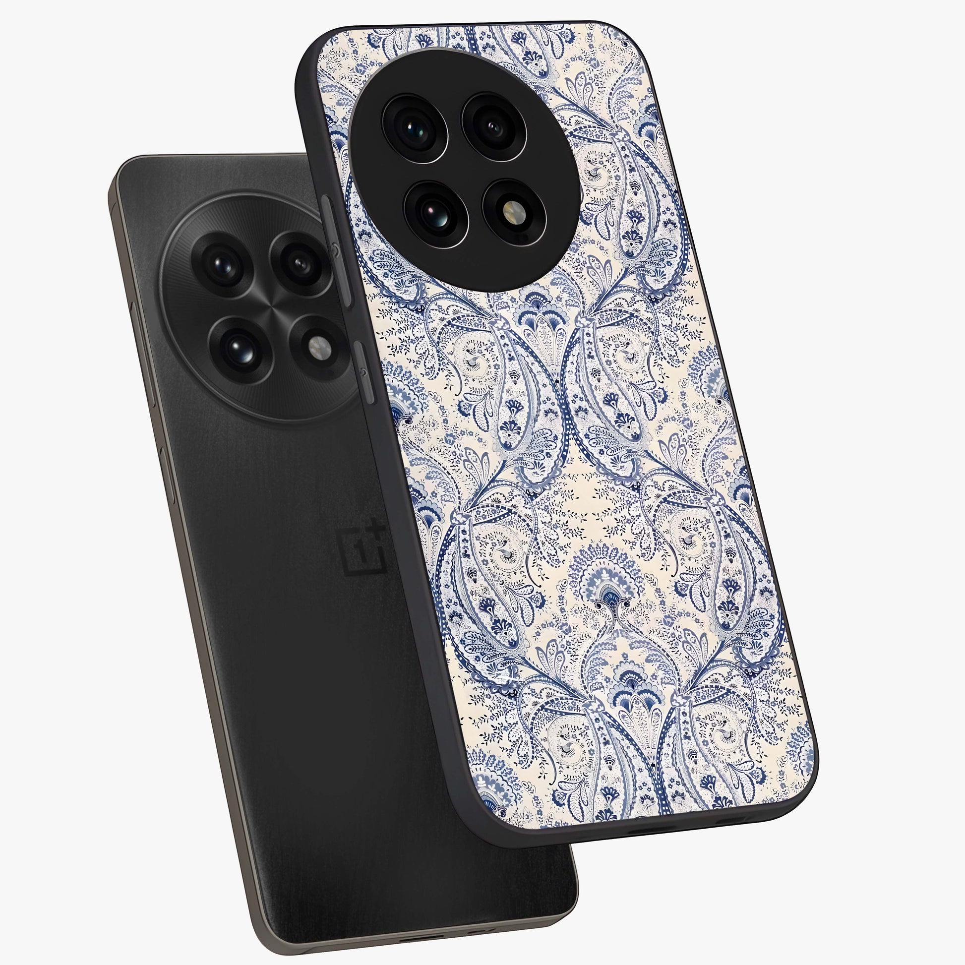 Blue Paisley Bloom Glass Case for 1+13R angled mockup showcasing glossy finish and detailed ornamental design