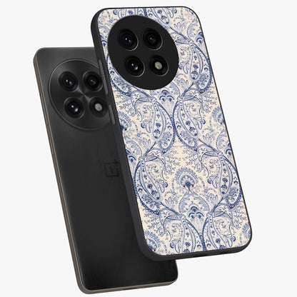 Blue Paisley Bloom Glass Case for 1+13R angled mockup showcasing glossy finish and detailed ornamental design