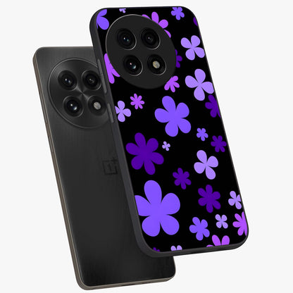 Blue Retro Pop Flowers Glass Case for 1+13R angled mockup showcasing glossy finish and playful pop flower design