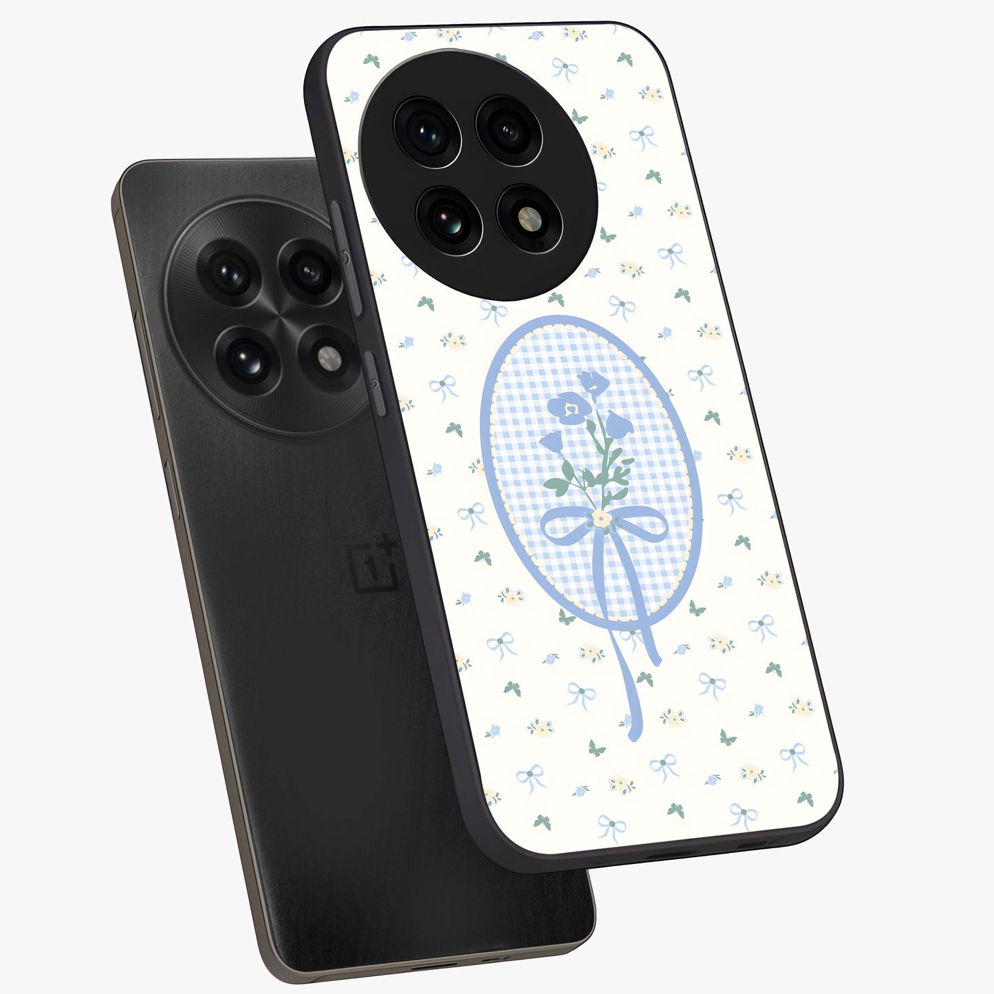 Blue Ribbon Bloom Glass Case for 1+13R angled mockup showcasing glossy finish and delicate bloom detailing