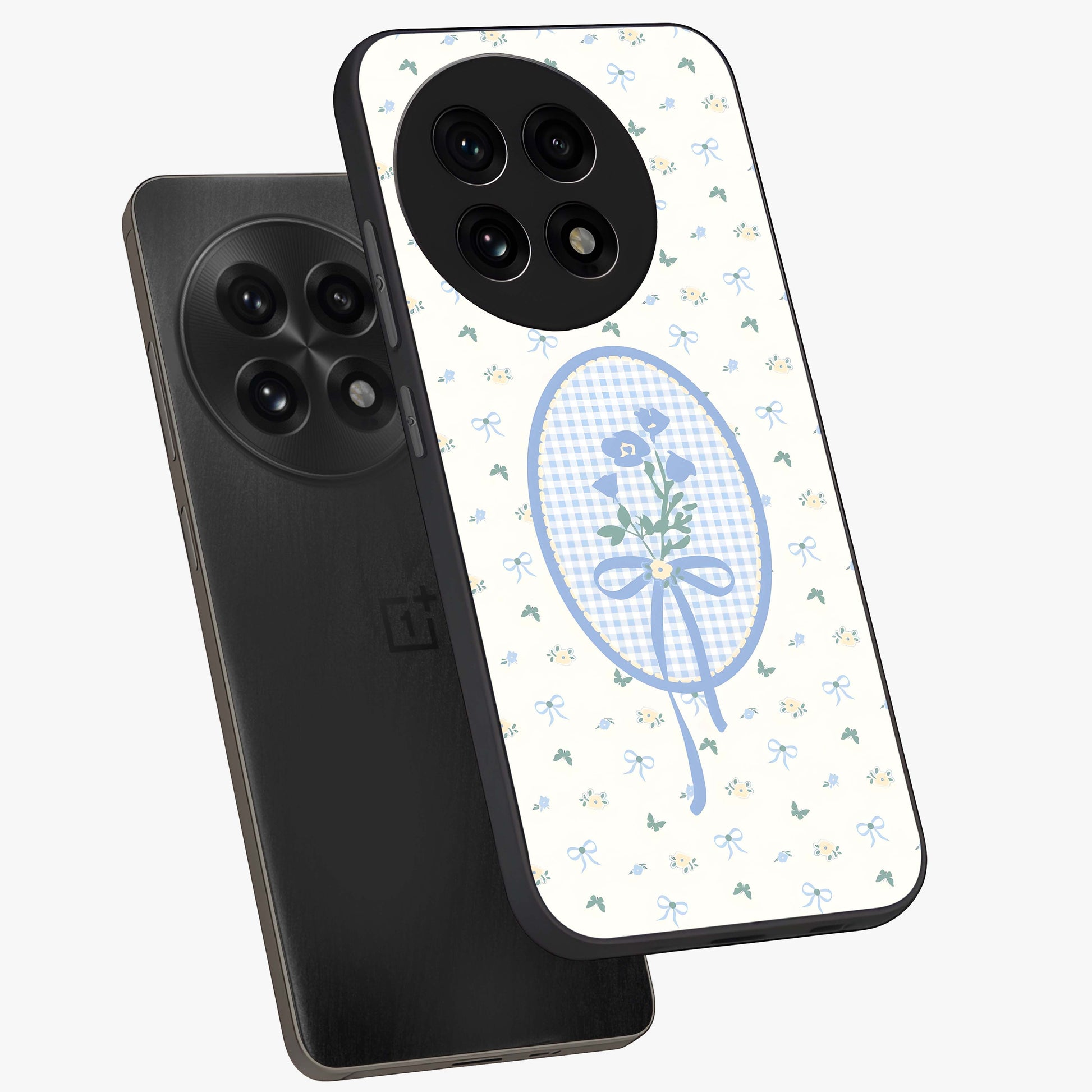 Blue Ribbon Bloom Glass Case for 1+13R angled mockup showcasing glossy finish and delicate bloom detailing