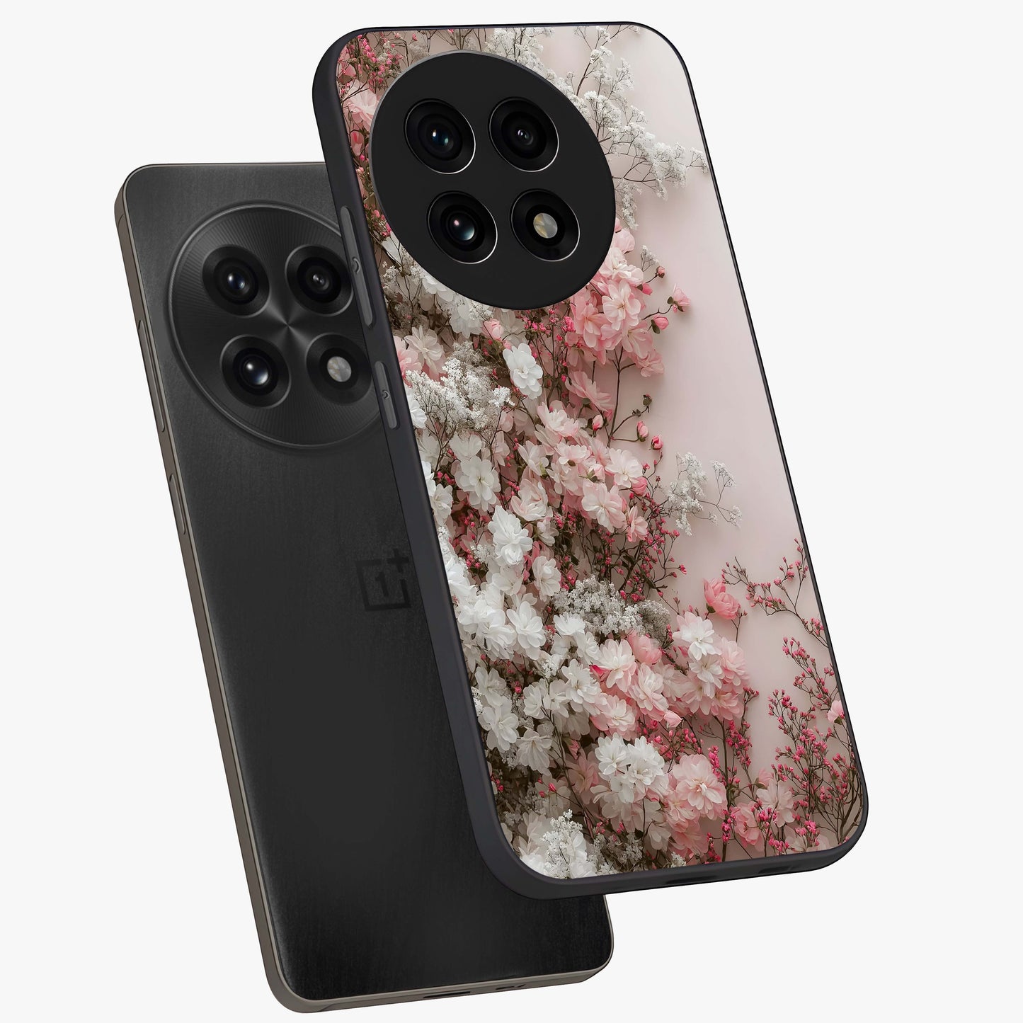 Blush Blossom Cloud Glass Case for 1+13R angled mockup showcasing glossy finish and pastel floral design