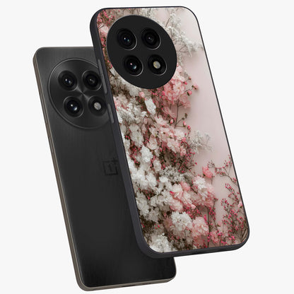 Blush Blossom Cloud Glass Case for 1+13R angled mockup showcasing glossy finish and pastel floral design