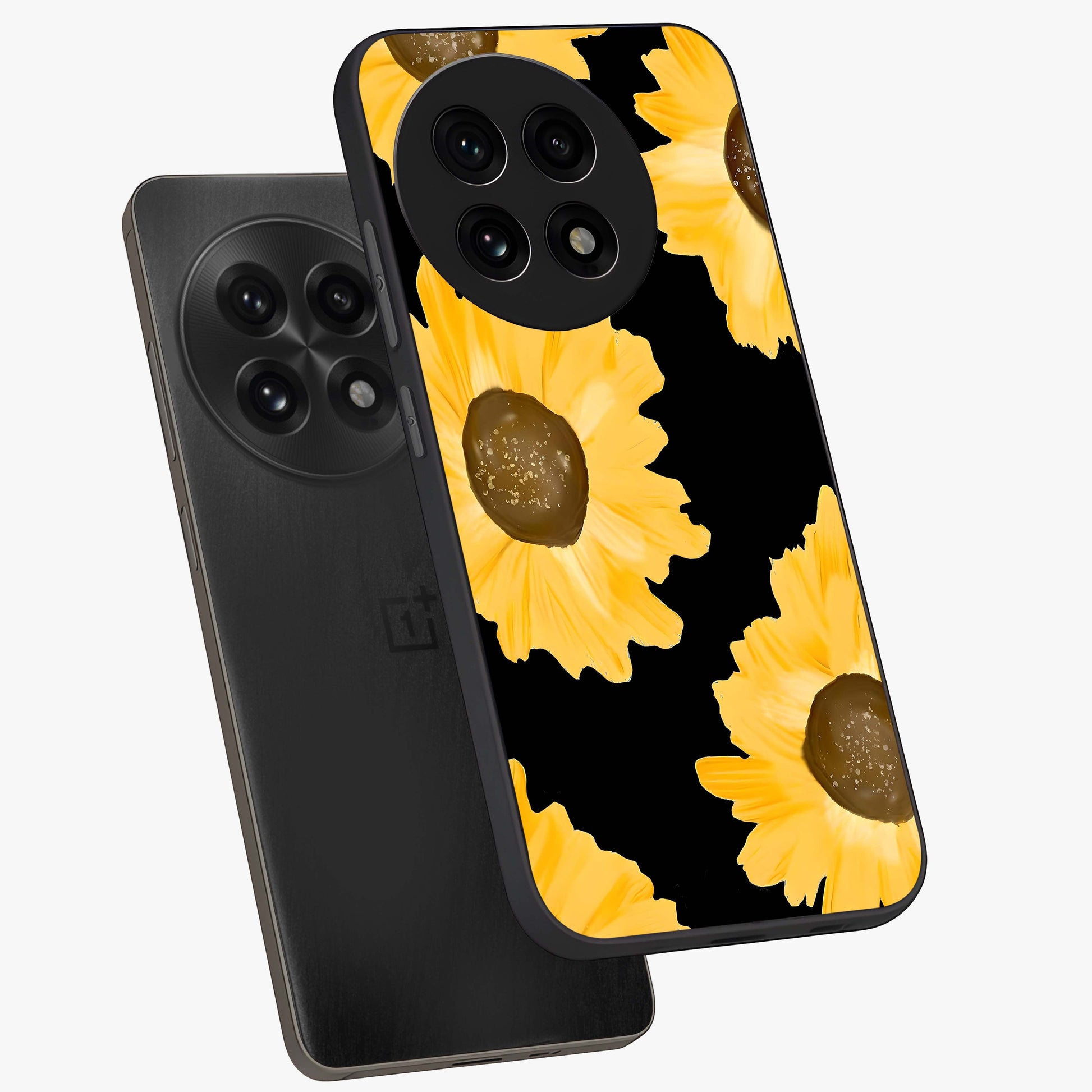 Bold Sunflowers Glow Glass Case for 1+13R angled mockup showcasing glossy glass finish and bright floral detailing