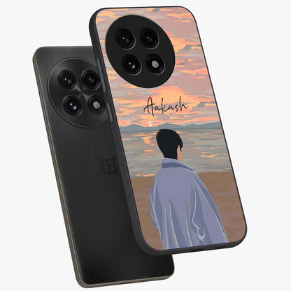 Boy Facing Sunset Beach Glass Case for 1+13R angled mockup showcasing glossy finish and warm beach tones