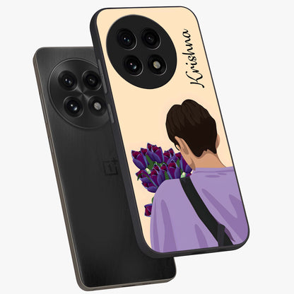 Boy Holding Flowers Glass Case for 1+13R angled mockup showcasing glossy finish and gentle pastel artwork