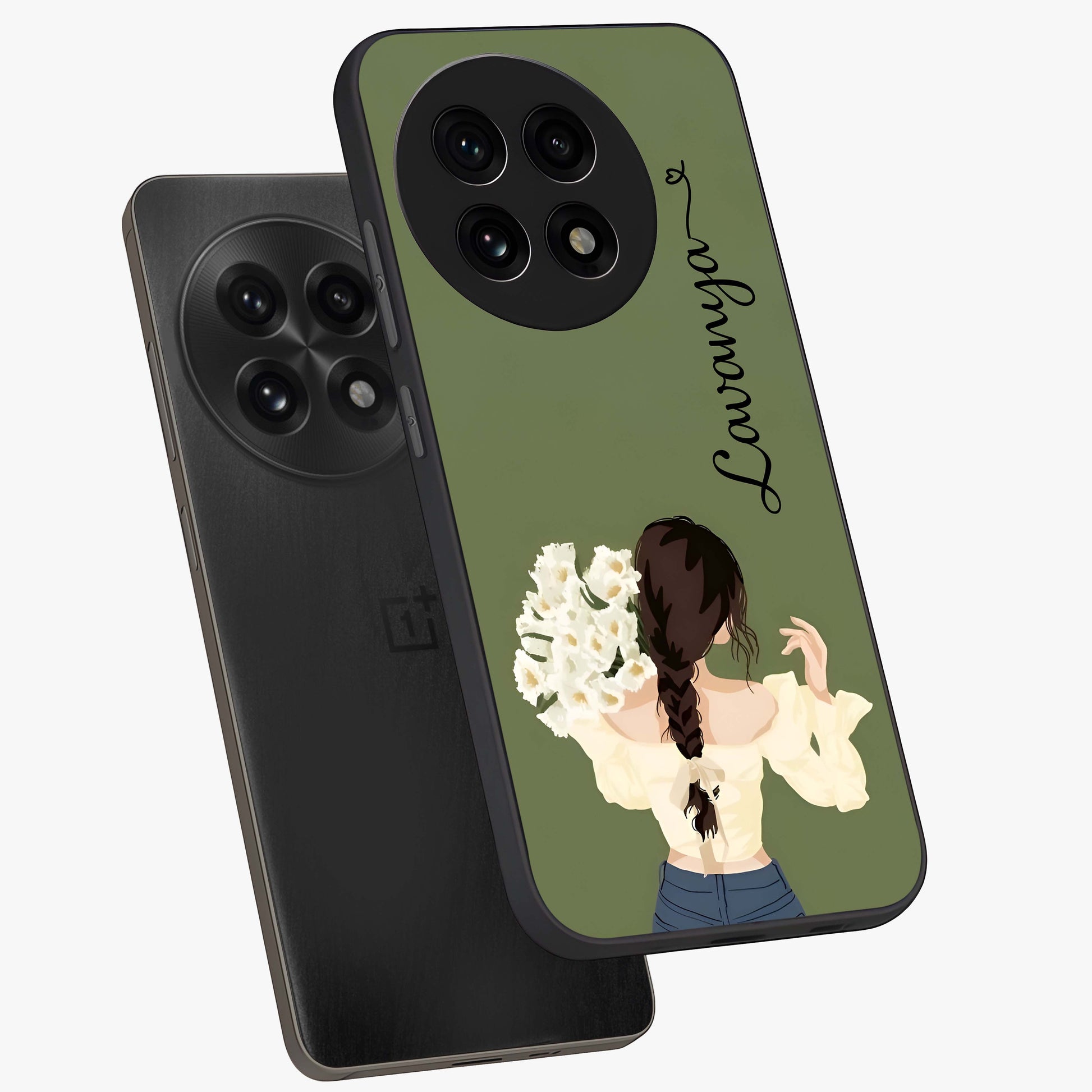 Braided Spring Beauty With Custom Name Glass Case for 1+13R angled mockup showcasing glossy finish and spring inspired detailing