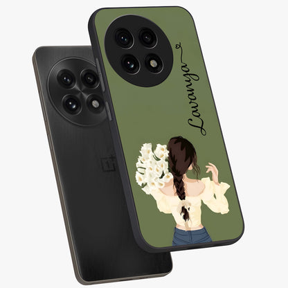 Braided Spring Beauty With Custom Name Glass Case for 1+13R angled mockup showcasing glossy finish and spring inspired detailing