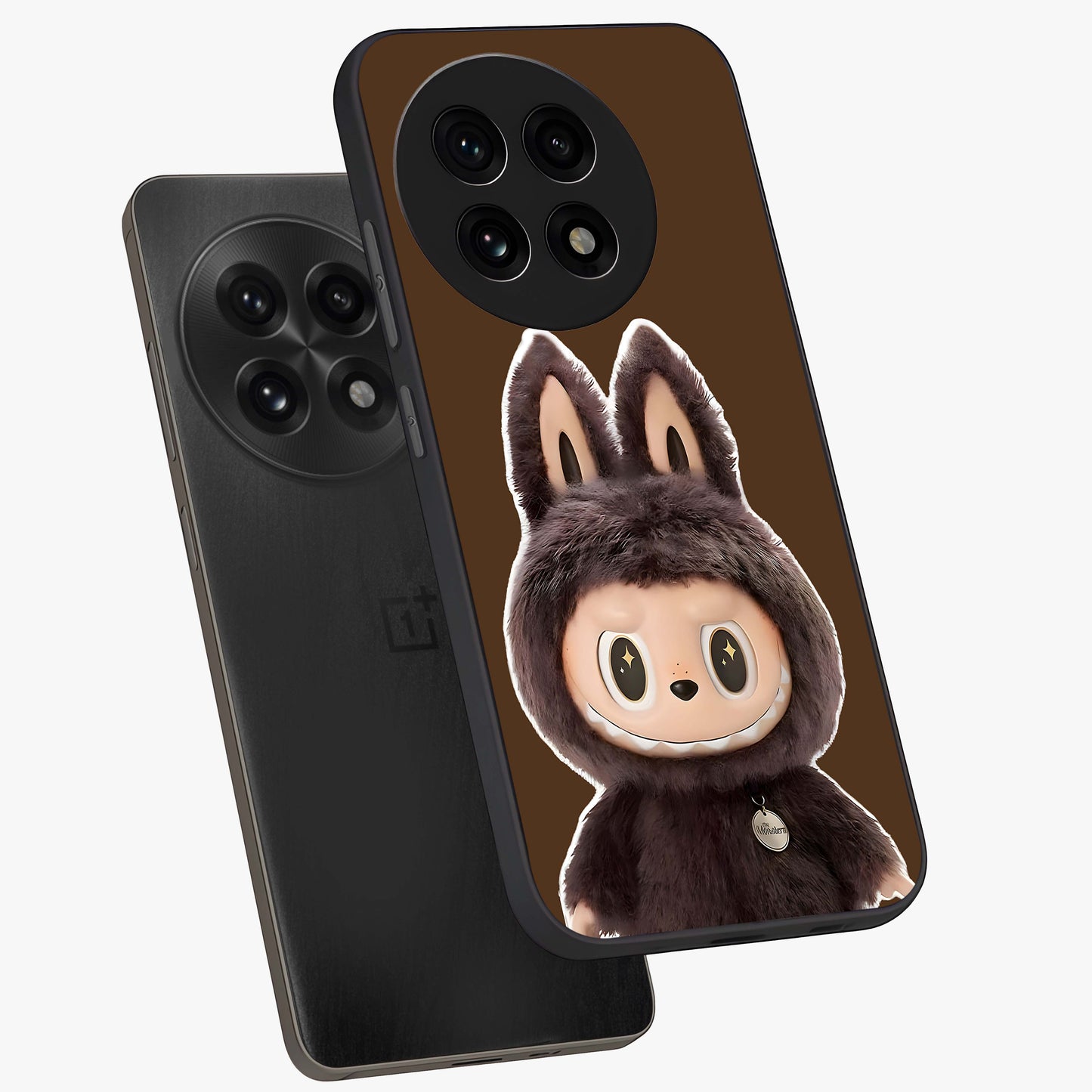 Brown Labubu Design Glass Case for 1+13R angled mockup showcasing glossy finish and detailed cartoon illustration