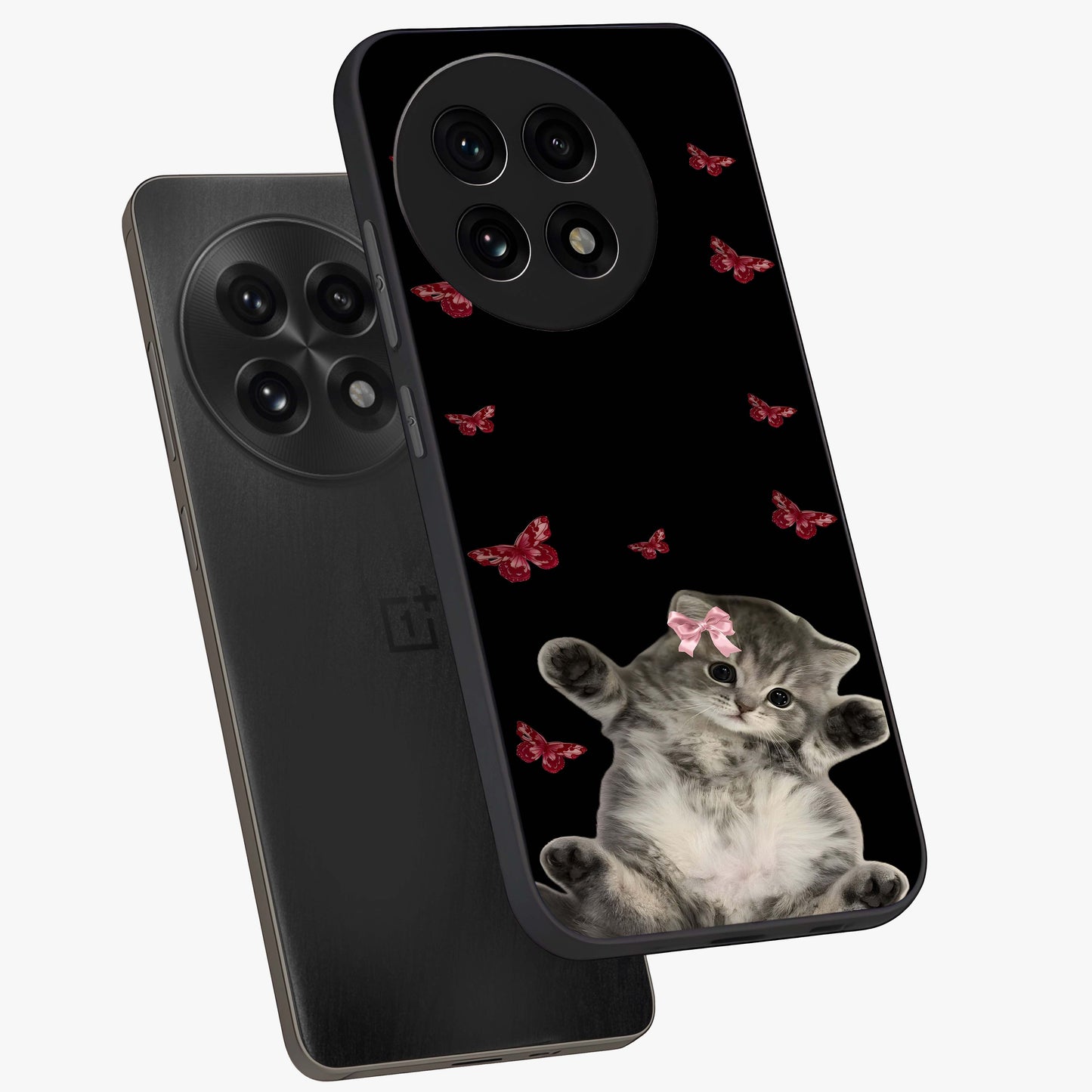 Butterfly Cat Bliss Glass Case for 1+13R angled mockup showcasing glossy finish and soft pastel tones