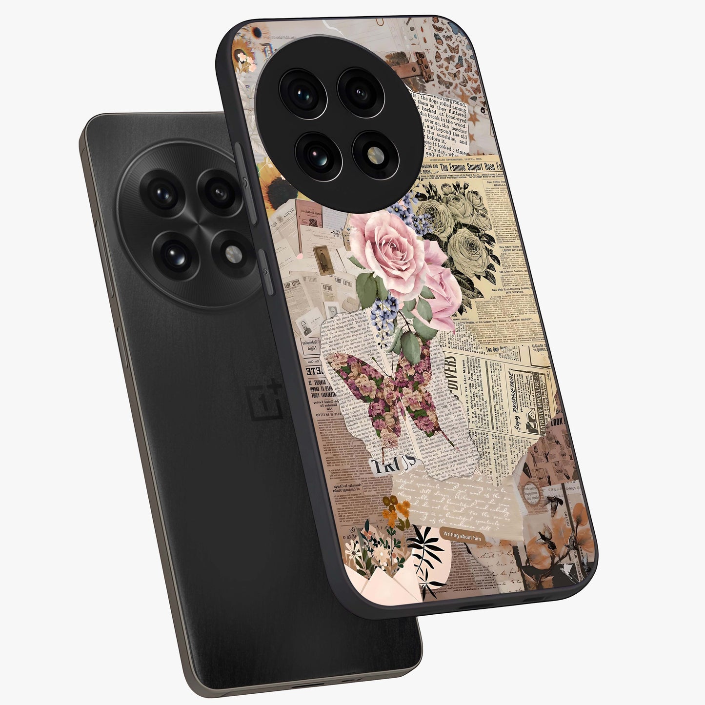 Butterfly News Bloom Glass Case for 1+13R angled mockup showcasing glossy finish and vibrant nature design