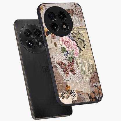 Butterfly News Bloom Glass Case for 1+13R angled mockup showcasing glossy finish and vibrant nature design