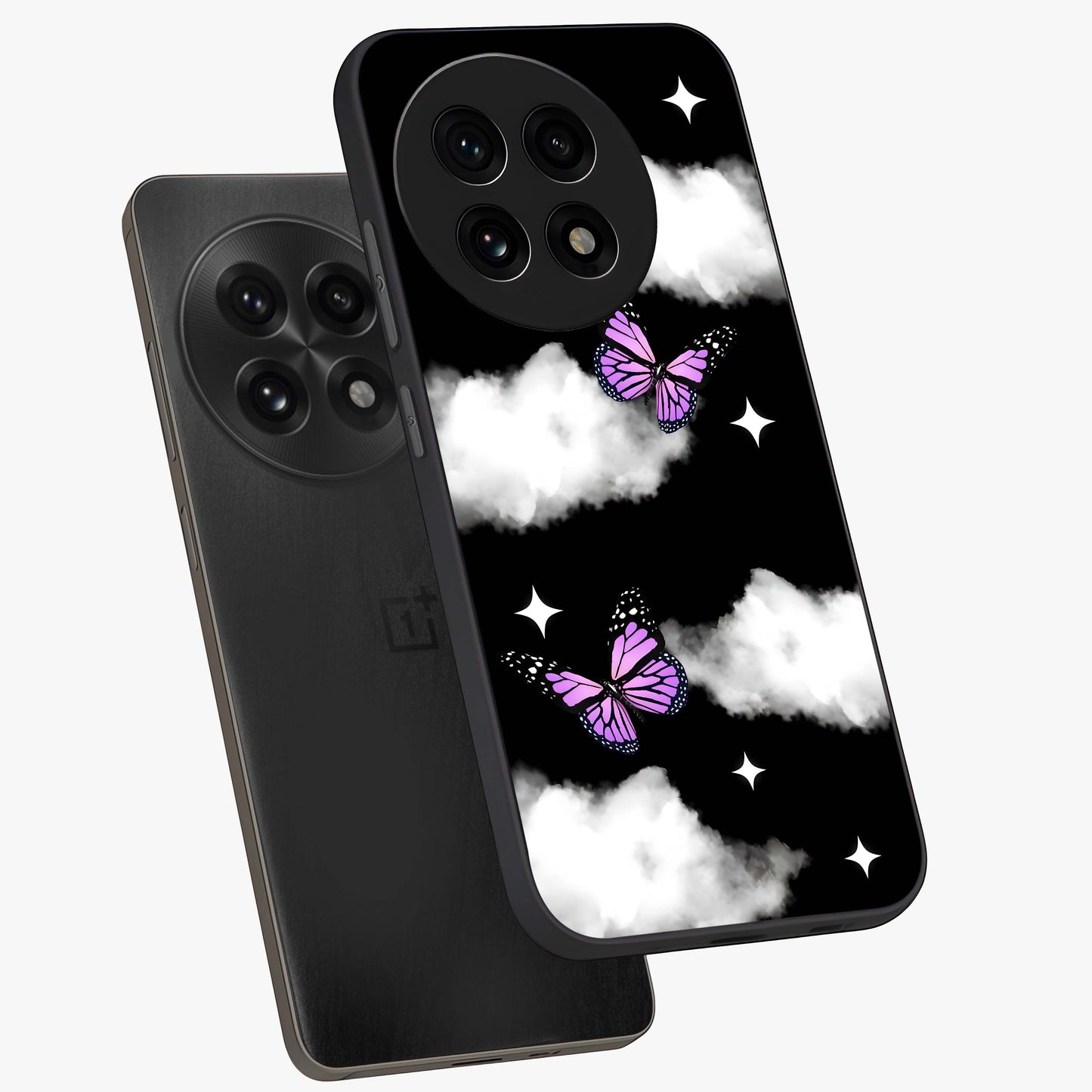 Butterfly Night Drift Glass Case for 1+13R angled mockup showcasing glossy finish and deep midnight gradients