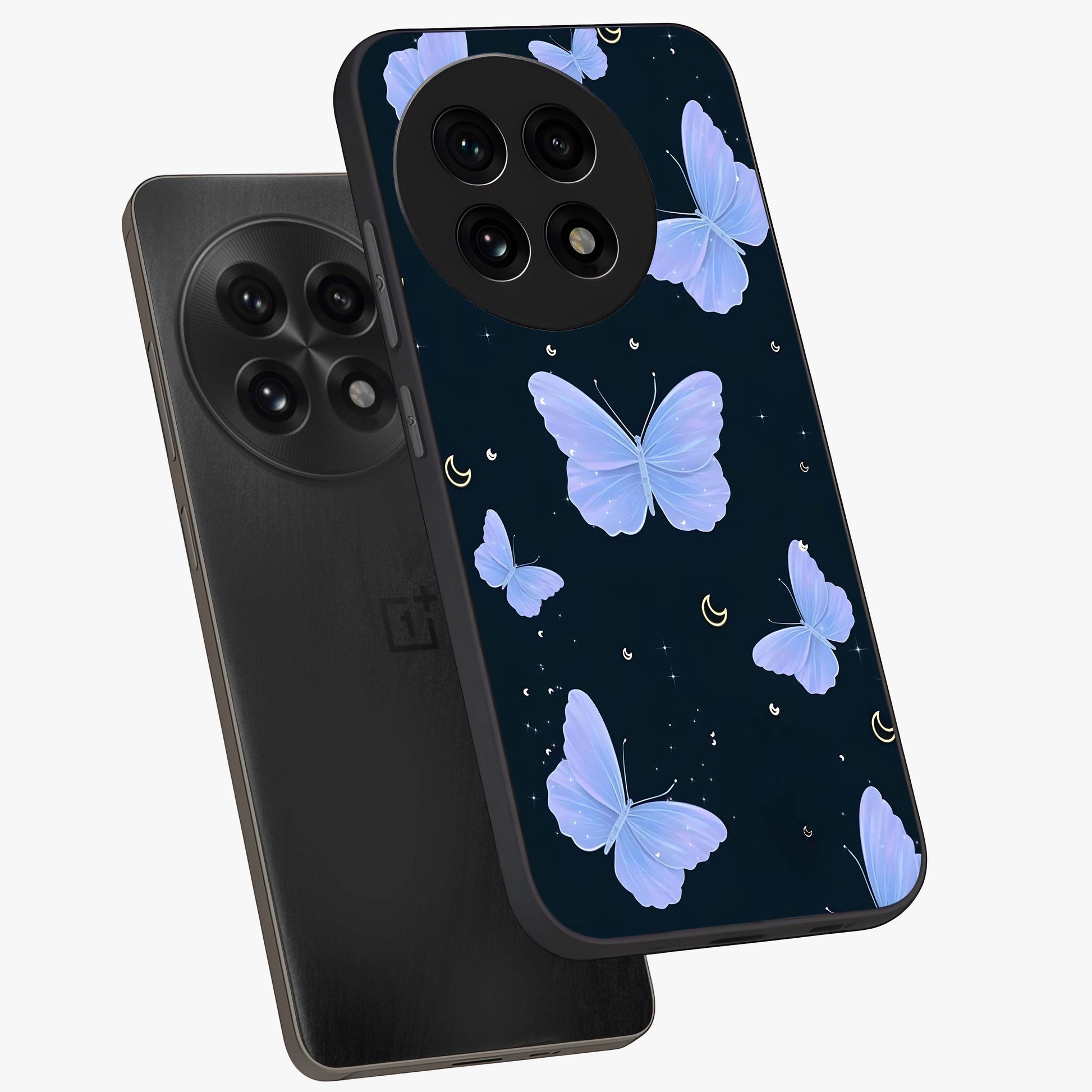 Butterfly With Stars Pattern Glass Case for 1+13R angled mockup showcasing glossy finish and celestial inspired design