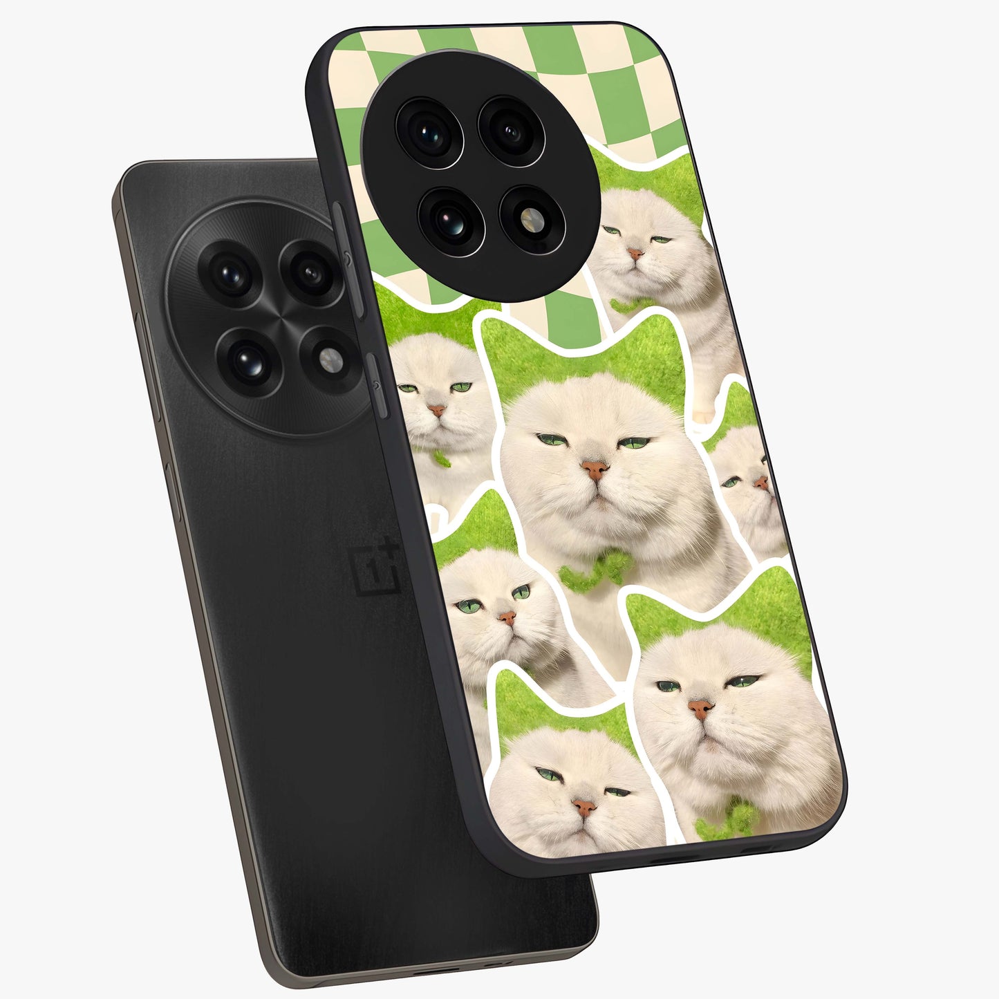Cats Ethereal Bloom Glass Case for 1+13R angled mockup showcasing glossy finish and dreamy pastel tones