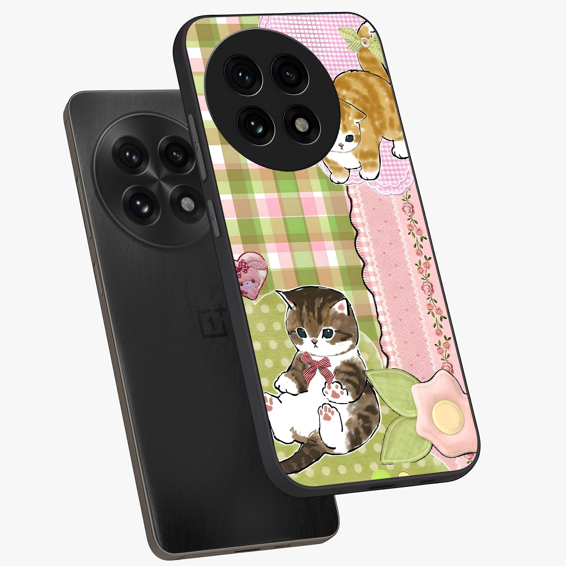 Cats Sweet Button Glass Case for 1+13R angled mockup showcasing glossy finish and charming character design