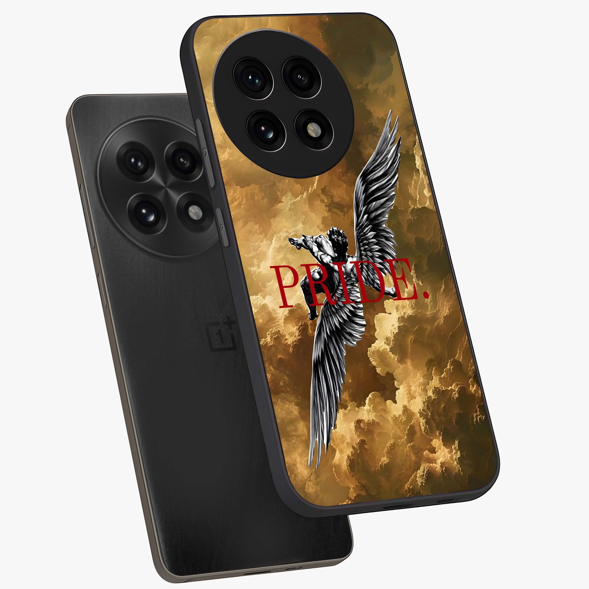 Celestial Fallen Pride Glass Case for 1+13R angled mockup showcasing glossy glass finish and intense night sky detailing