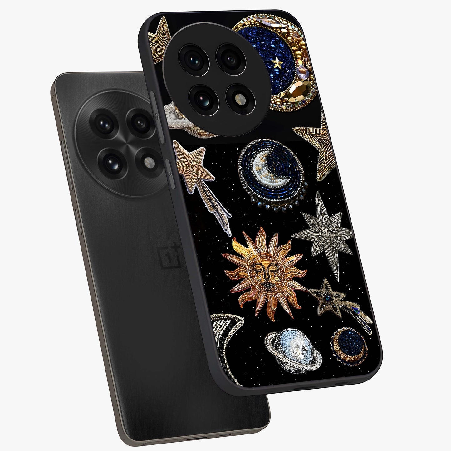Celestial Gem Constellations Glass Case for 1+13R angled mockup showcasing glossy finish and sparkling cosmic design