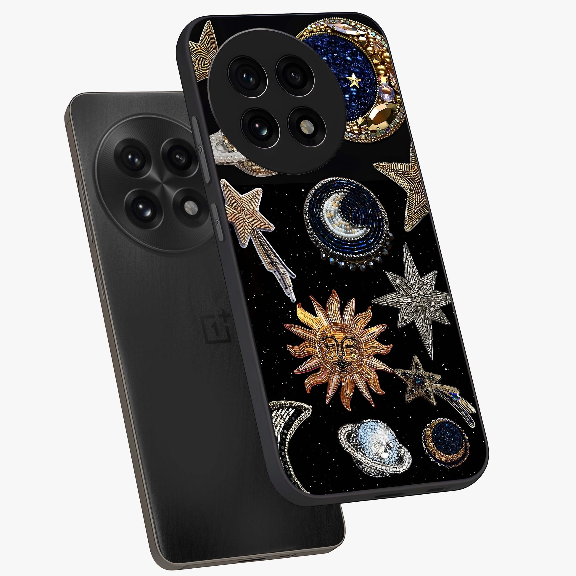 Celestial Gem Constellations Glass Case for 1+13R angled mockup showcasing glossy finish and sparkling cosmic design