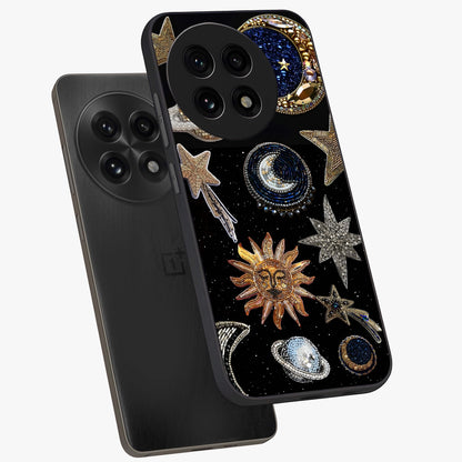 Celestial Gem Constellations Glass Case for 1+13R angled mockup showcasing glossy finish and sparkling cosmic design