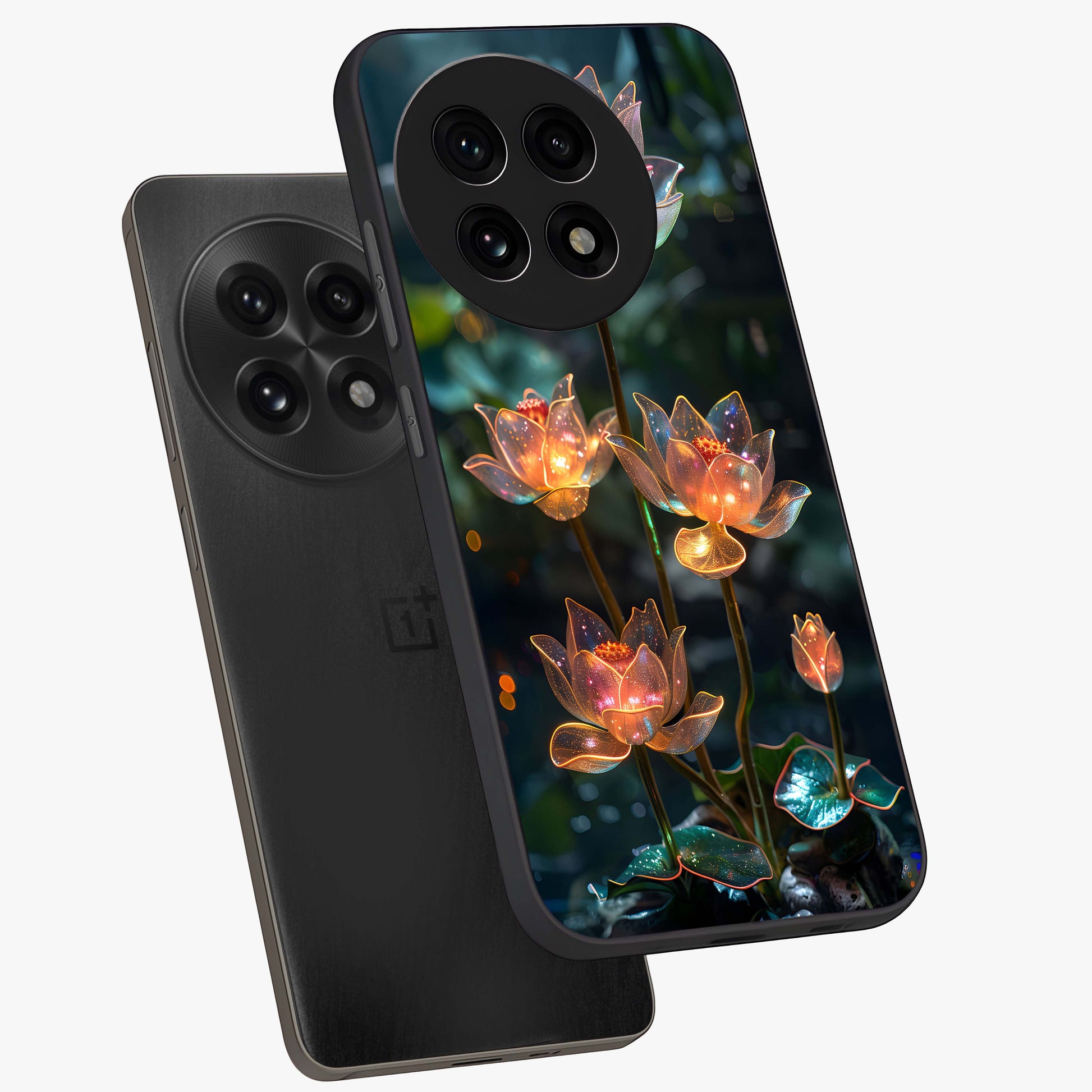 Celestial Lotus Light Glass Case for 1+13R angled mockup showcasing glossy finish and radiant celestial tones