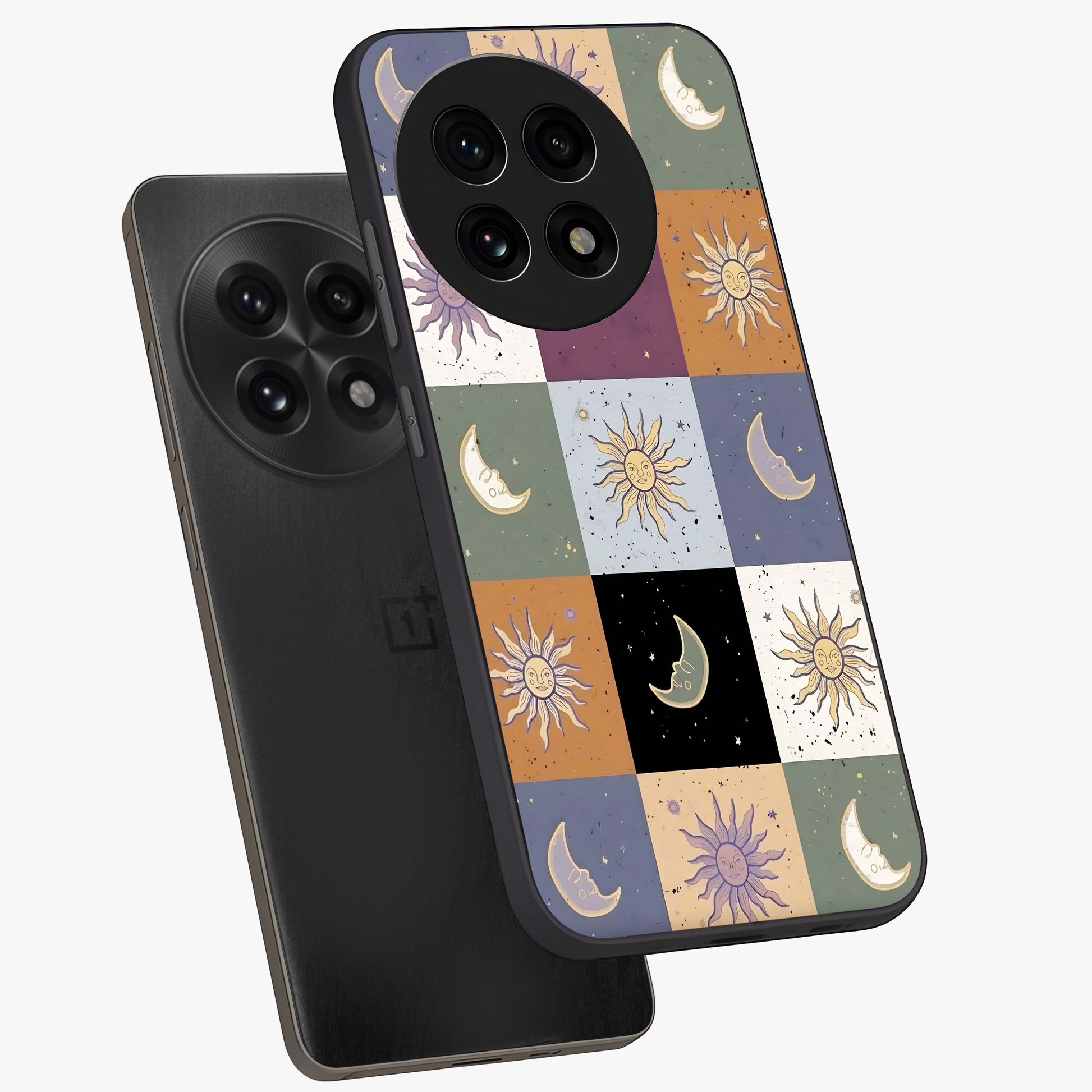Celestial Patchwork Dreams Glass Case for 1+13R angled mockup showcasing glossy finish and layered celestial textures