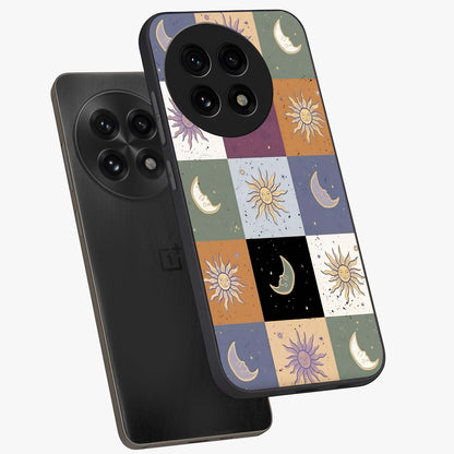 Celestial Patchwork Dreams Glass Case for 1+13R angled mockup showcasing glossy finish and layered celestial textures