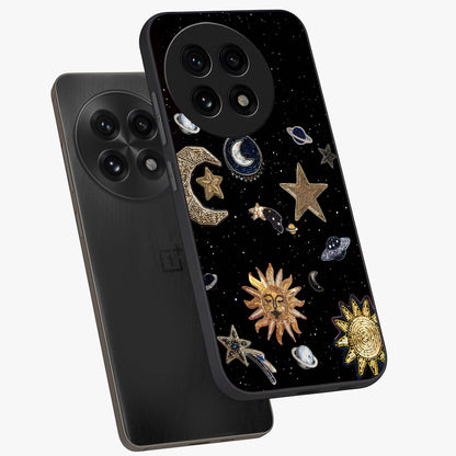 Celestial Star Charm Glass Case for 1+13R angled mockup showcasing glossy finish and shimmering celestial tones