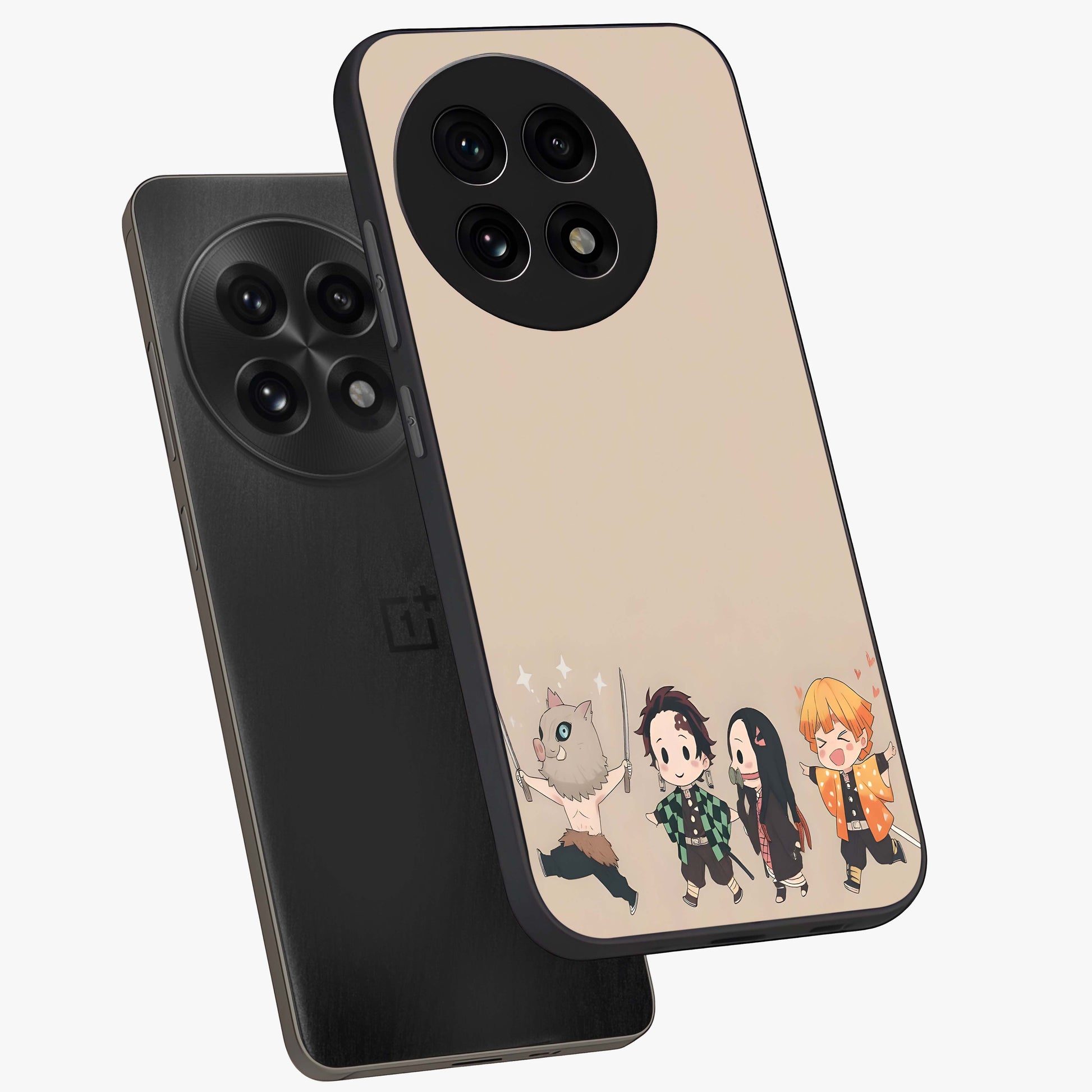 Chibi Demon Squad Glass Case for 1+13R angled mockup showcasing glossy finish and vibrant anime inspired design