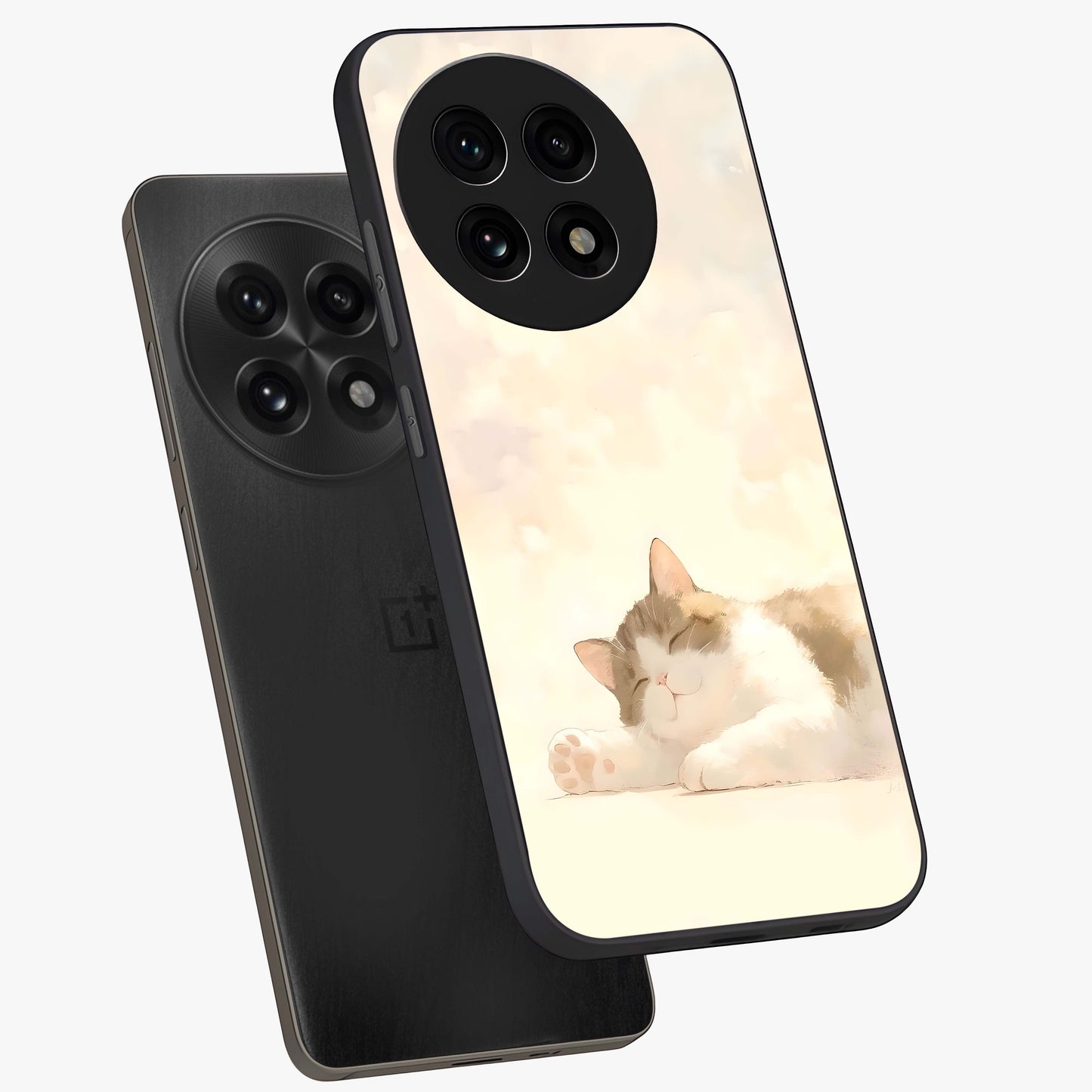 Cloud Nap Cat Glass Case for 1+13R angled mockup showcasing glossy finish and cozy pastel tones