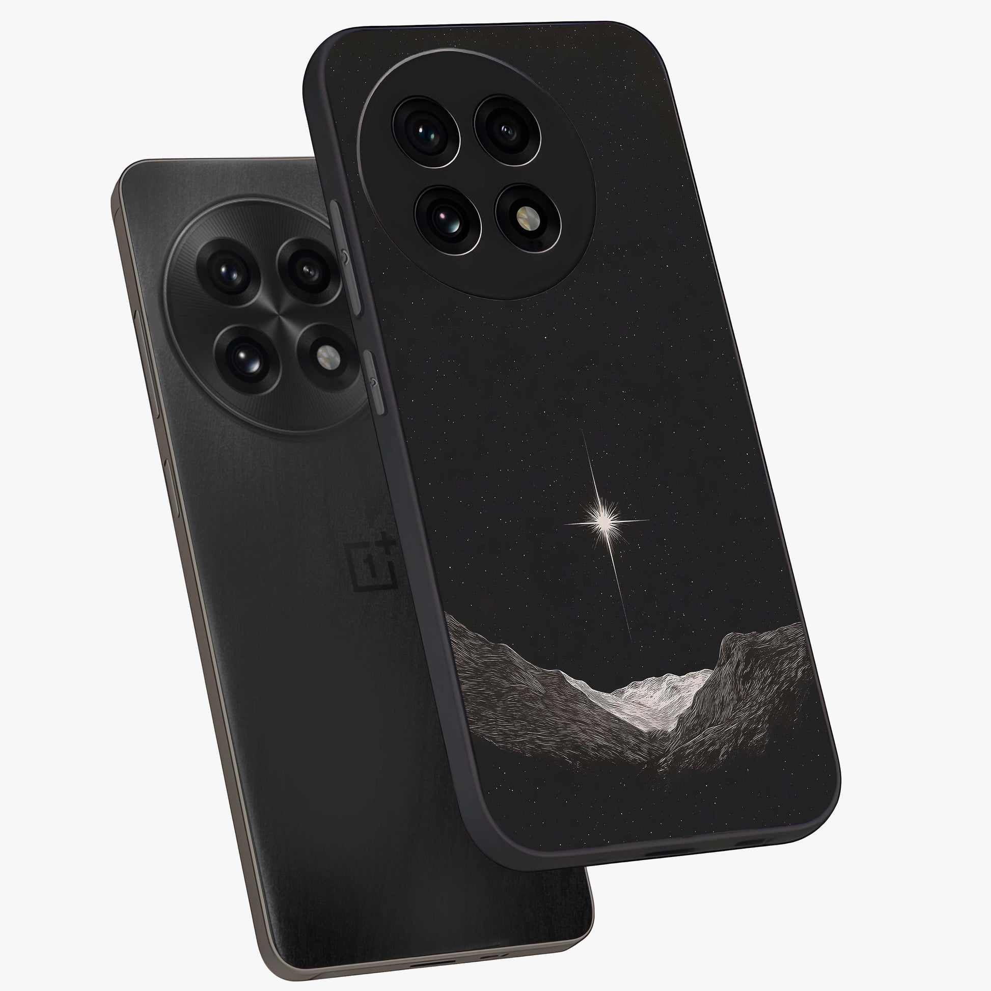 Cosmic Dream Night Glass Case for 1+13R angled mockup showcasing glossy finish and rich midnight gradients