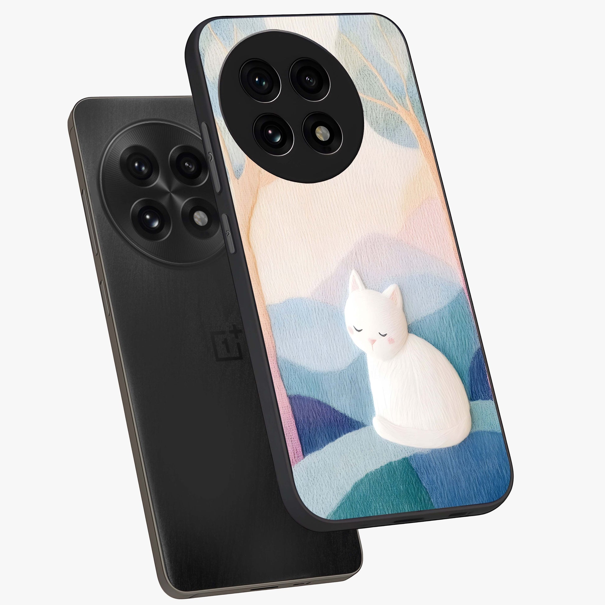Cotton Dream Cat Glass Case for 1+13R angled mockup showcasing glossy glass finish and cozy aesthetic design