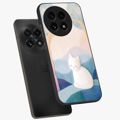 Cotton Dream Cat Glass Case for 1+13R angled mockup showcasing glossy glass finish and cozy aesthetic design