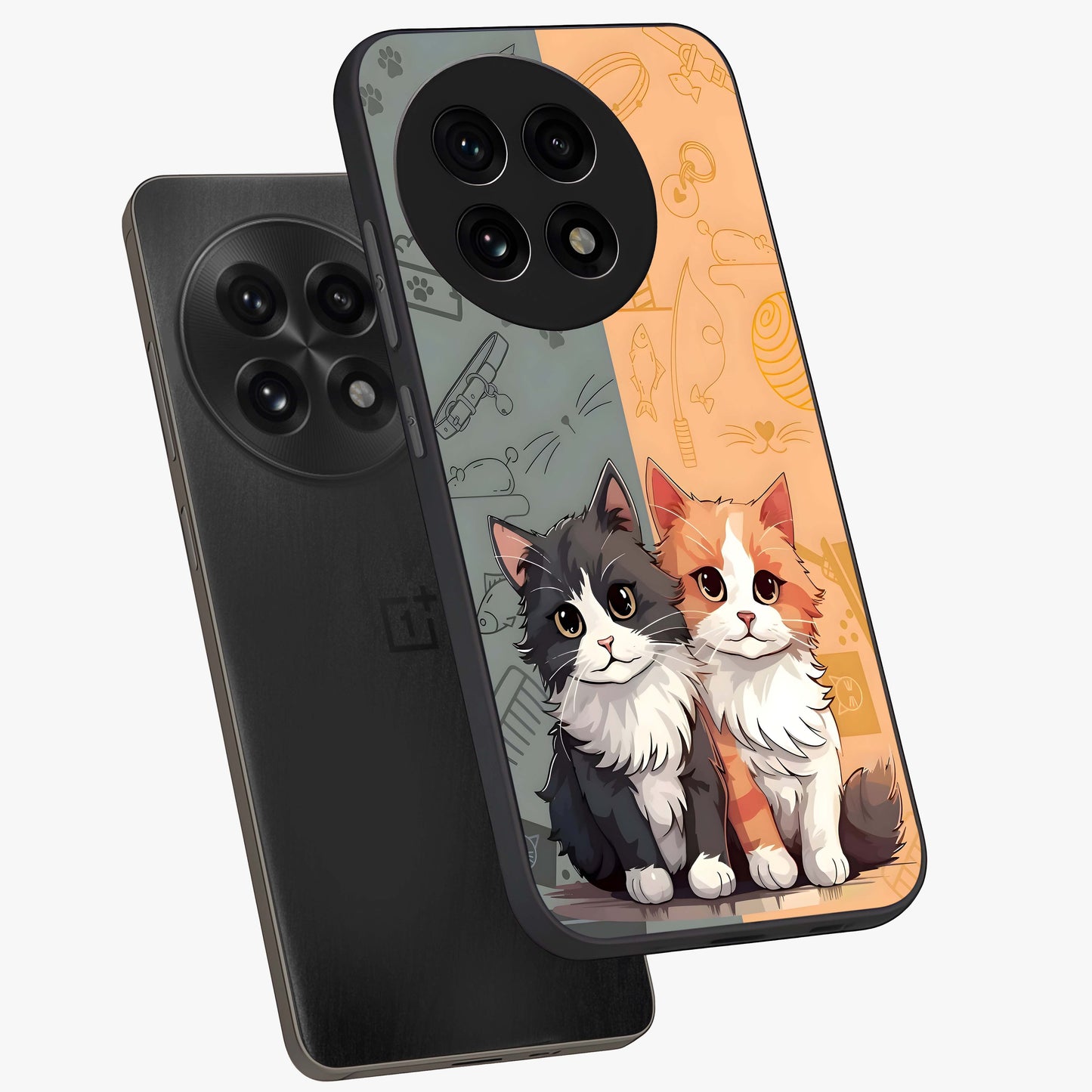 Cozy Cat Duo Glass Case for 1+13R angled mockup showcasing glossy finish and charming pastel tones