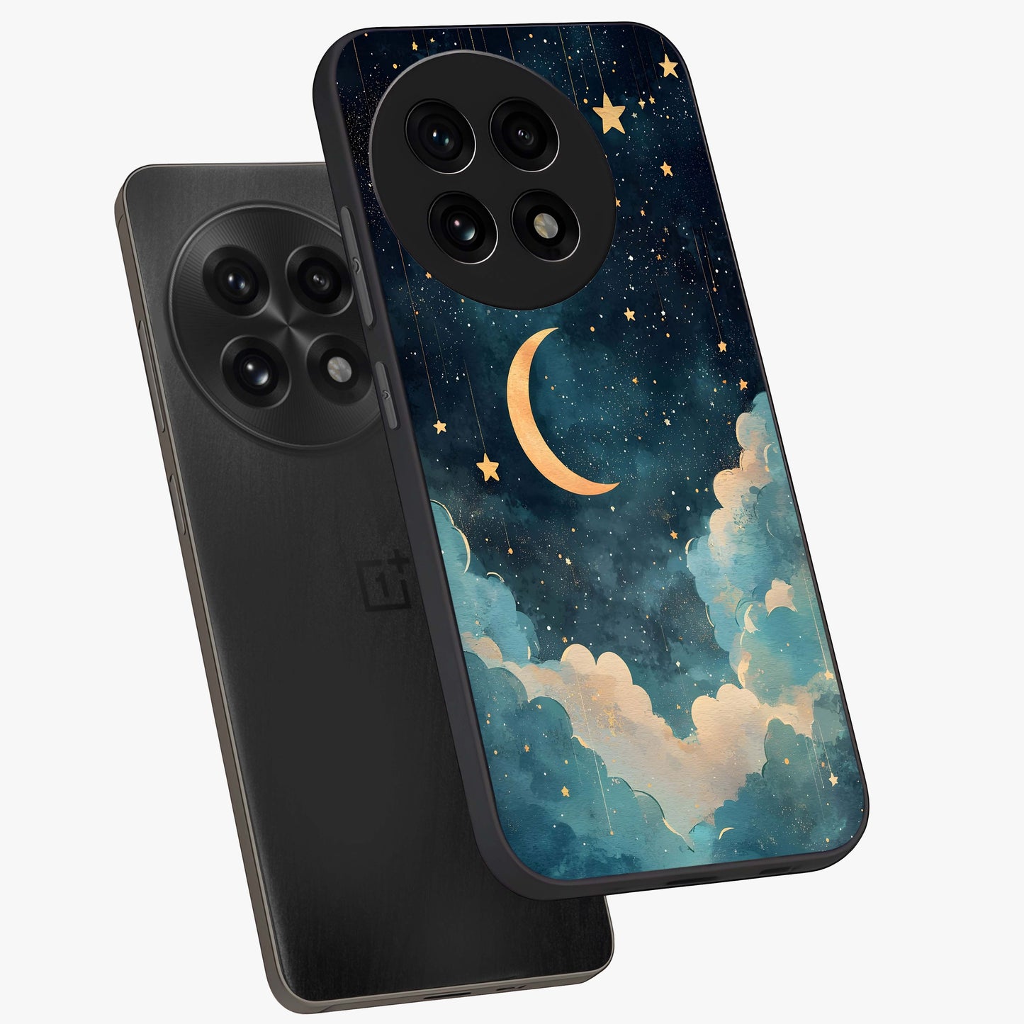 Crescent Galaxy Moon Glass Case for 1+13R angled mockup showcasing glossy finish and glowing galaxy tones