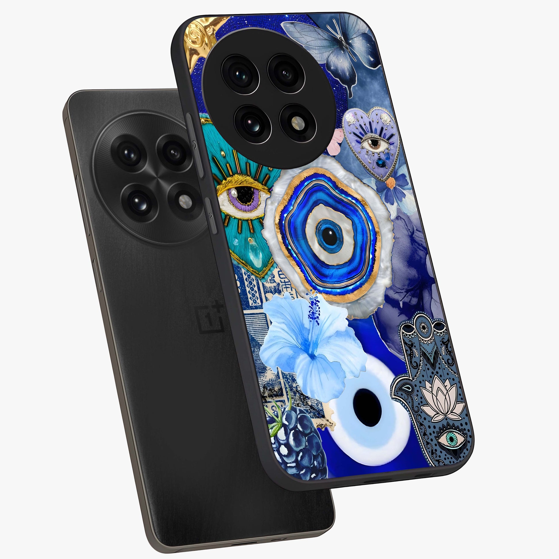 Crimson Evil Eye Charm Glass Case for 1+13R angled mockup showcasing glossy finish and vibrant symbolic detailing