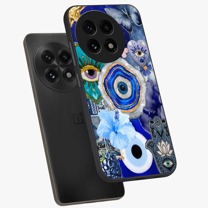 Crimson Evil Eye Charm Glass Case for 1+13R angled mockup showcasing glossy finish and vibrant symbolic detailing