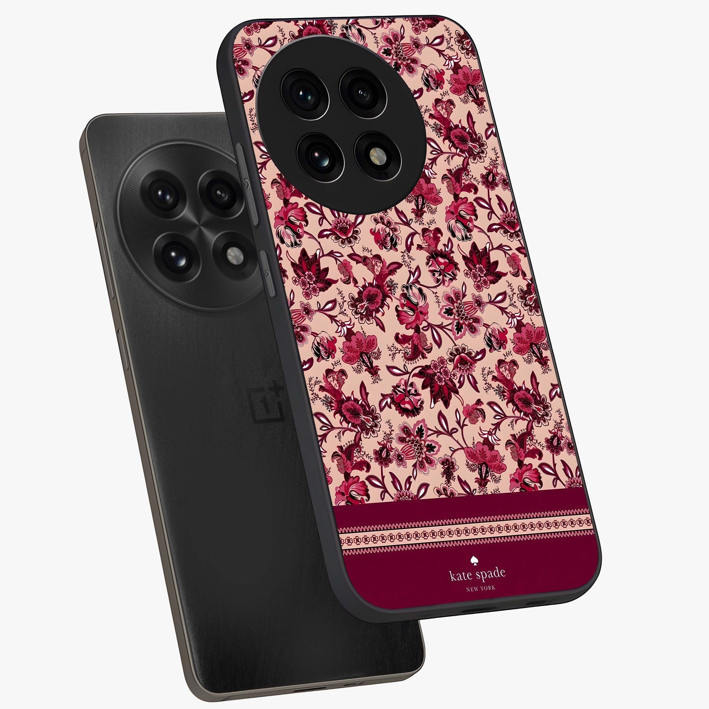 Crimson Rose Charm Glass Case for 1+13R angled mockup showcasing glossy finish and romantic floral detailing