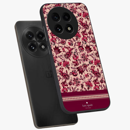 Crimson Rose Charm Glass Case for 1+13R angled mockup showcasing glossy finish and romantic floral detailing