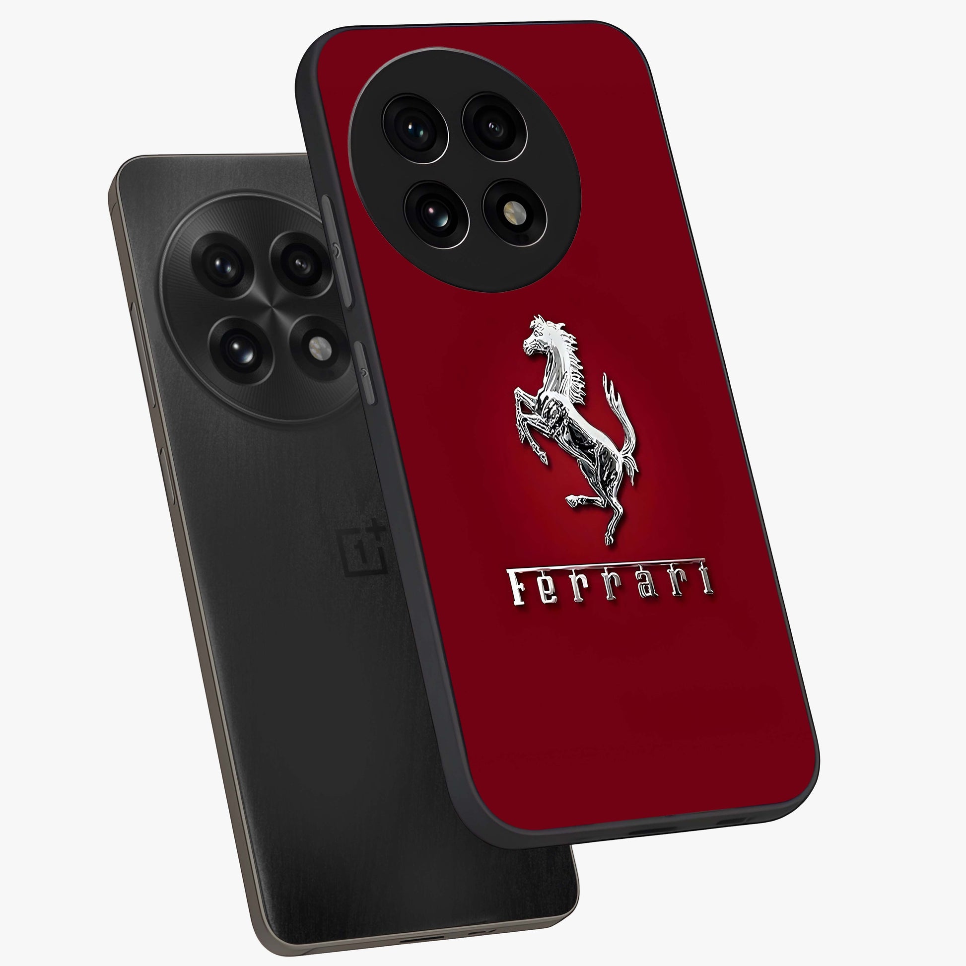 Crimson Stallion Prestige Glass Case for 1+13R angled mockup showcasing glossy finish and bold equestrian detailing