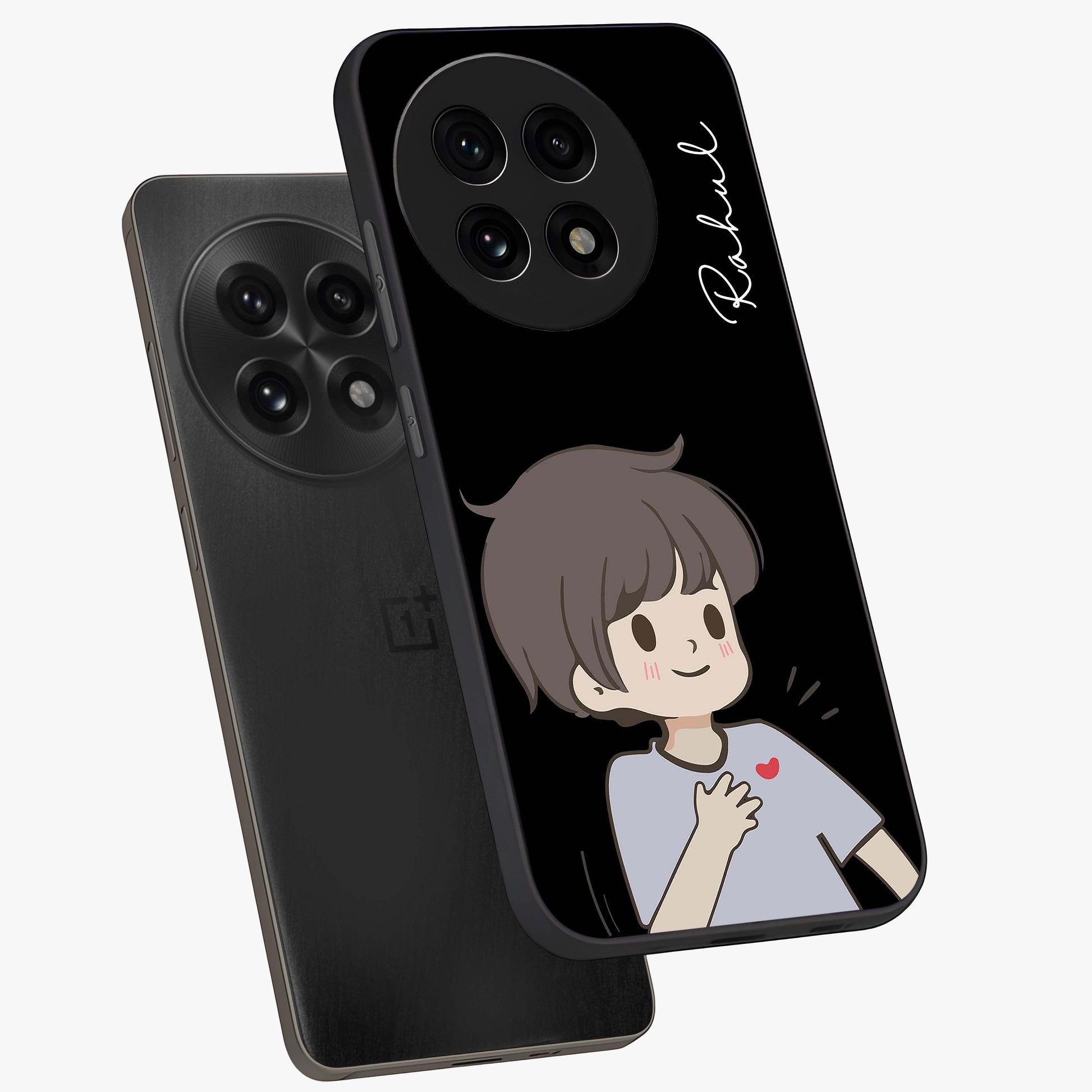 Cute Boy Heart Reaction Glass Case for 1+13R angled mockup showcasing glossy finish and vibrant pastel tones