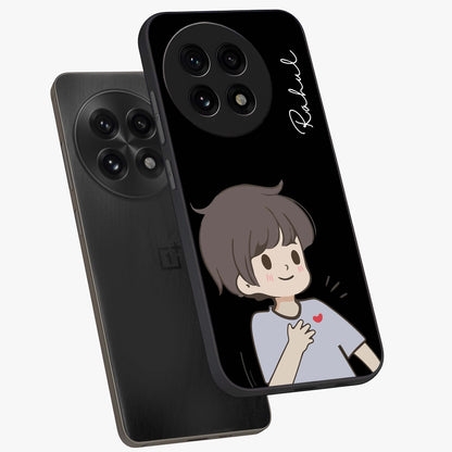 Cute Boy Heart Reaction Glass Case for 1+13R angled mockup showcasing glossy finish and vibrant pastel tones