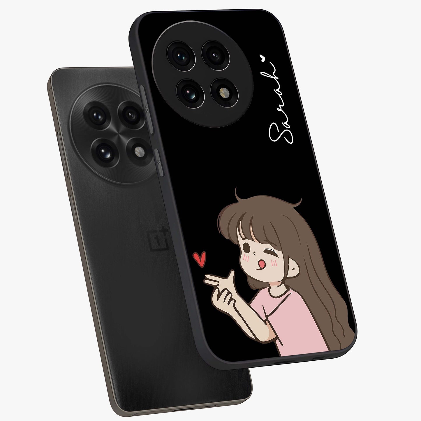 Cute Girl Firing Heart Glass Case for 1+13R angled mockup showcasing glossy finish and lively character detailing