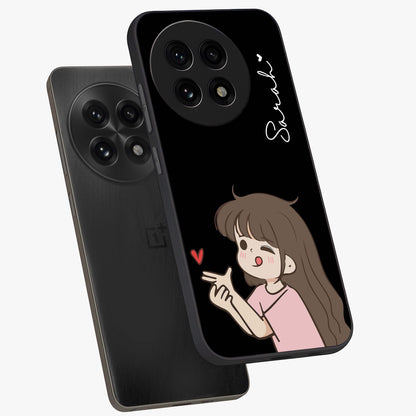 Cute Girl Firing Heart Glass Case for 1+13R angled mockup showcasing glossy finish and lively character detailing