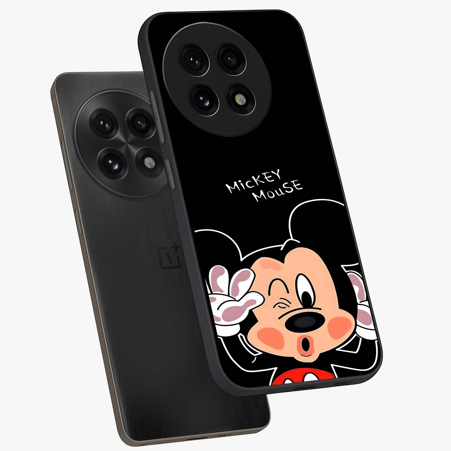 Cute Mickey Love Glass Case for 1+13R angled mockup showcasing glossy finish and vibrant character detailing