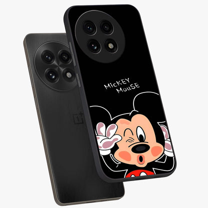 Cute Mickey Love Glass Case for 1+13R angled mockup showcasing glossy finish and vibrant character detailing