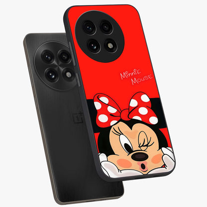 Cute Minnie Love Glass Case for 1+13R angled mockup showcasing glossy glass finish and vibrant character detailing